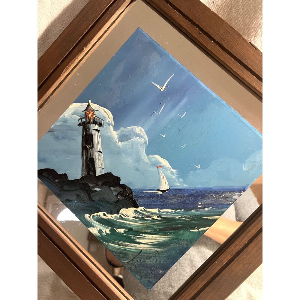 RARE 1996 Lighthouse Scene Painted on Mirror Signed Art Piece by Tom Dunham - Picture 4 of 9
